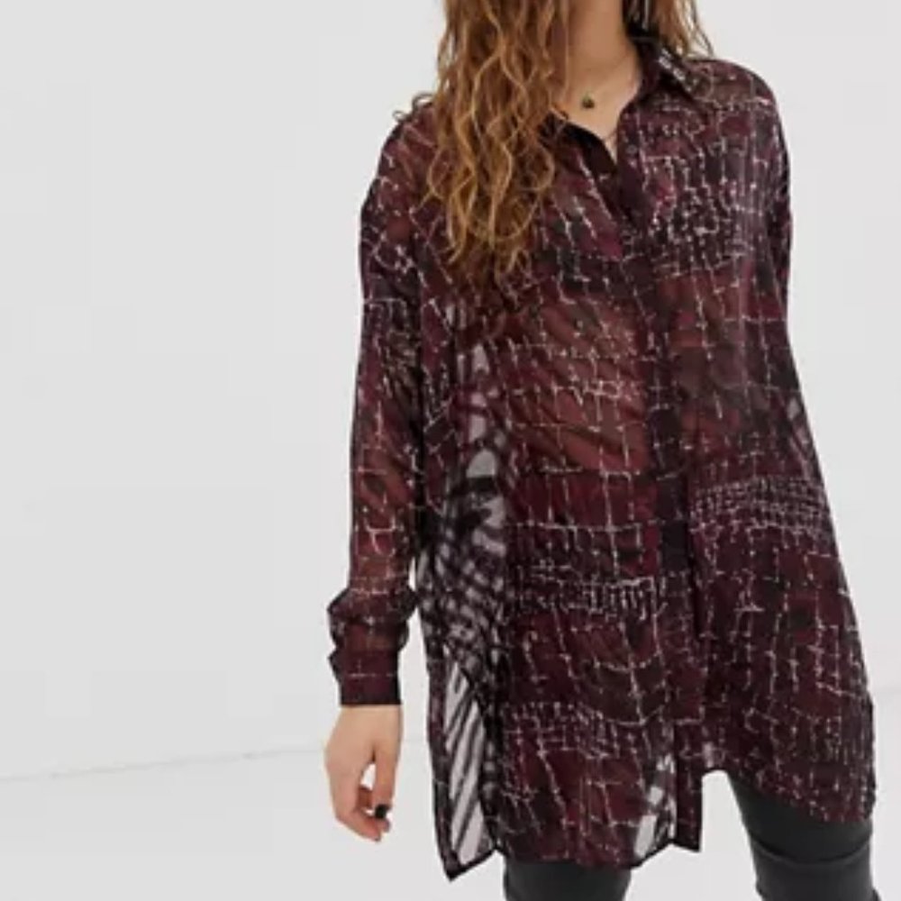 Religion London NWT Women Oversized‎ Sheer button down blouse Red Croc US 6 UK 8